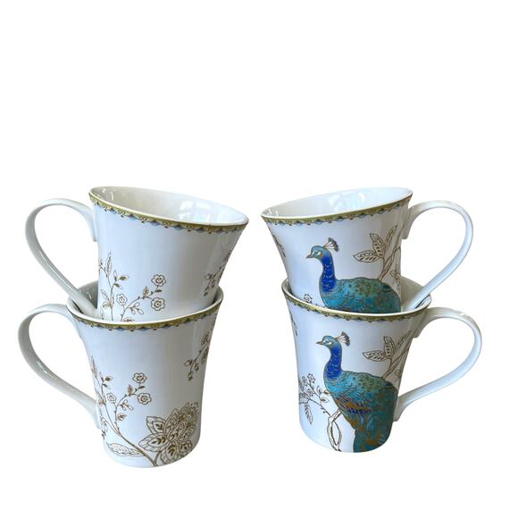 222 Fifth Peacock Garden Porcelain Mug Set of 4 Teal Gold Floral Scroll NEW - Picture 13 of 16